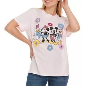 Disney Women's Pink Mickey & Friends 3D Crocheted Floral T-Shirt